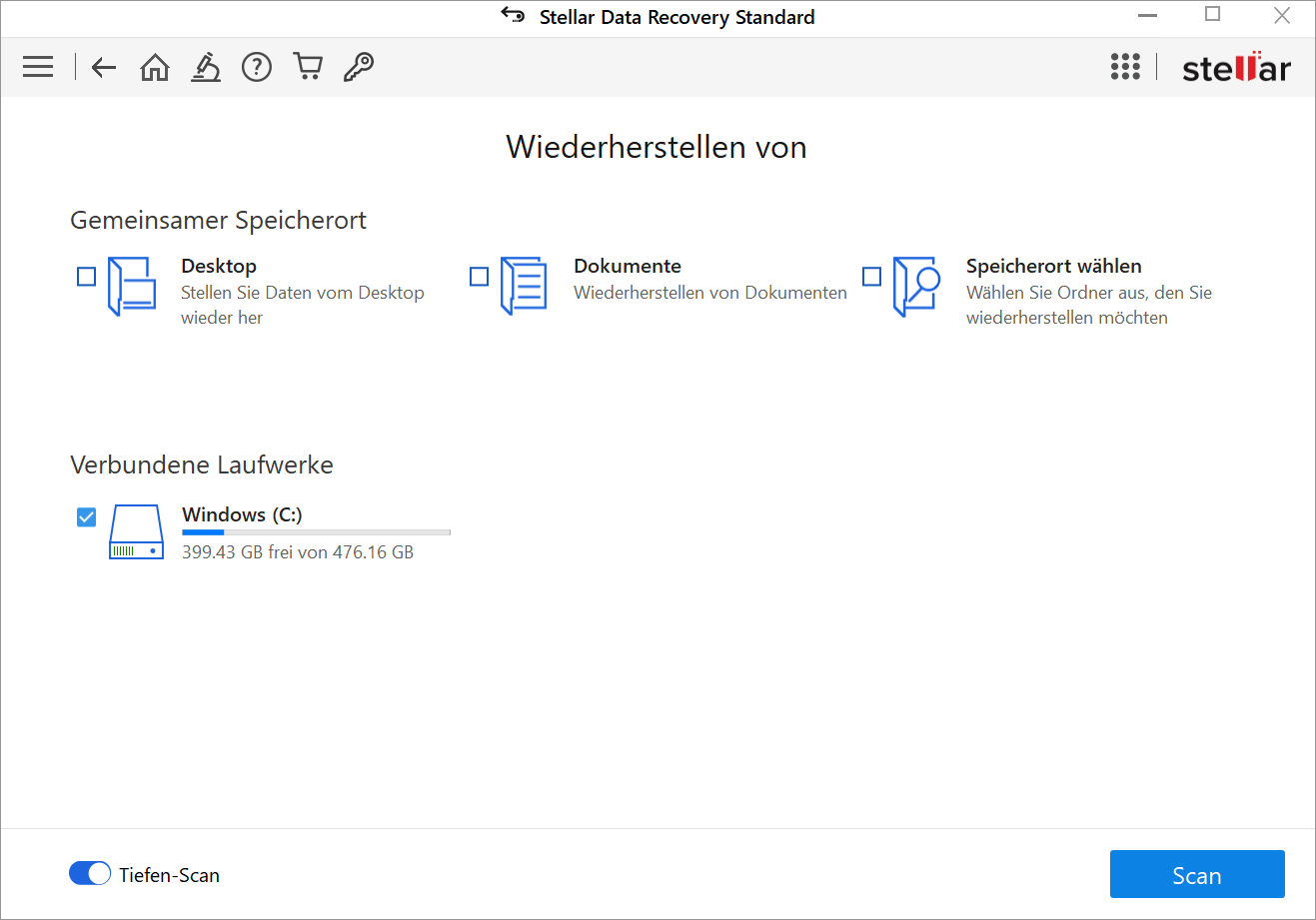 1. Schritt: Laden Sie Stellar Recovery Password herunter und installieren Sie es auf einem anderen Computer.
2. Schritt: Starten Sie das Programm und verbinden Sie das Windows 10-System, dessen Passwort Sie zurücksetzen möchten, mit dem anderen Computer.