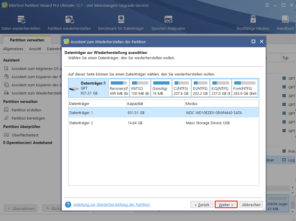 3. Öffnen Sie MiniTool Partition Recovery und wählen Sie das betreffende Laufwerk aus.
4. Klicken Sie auf "Scan", um den Wiederherstellungsprozess zu starten.