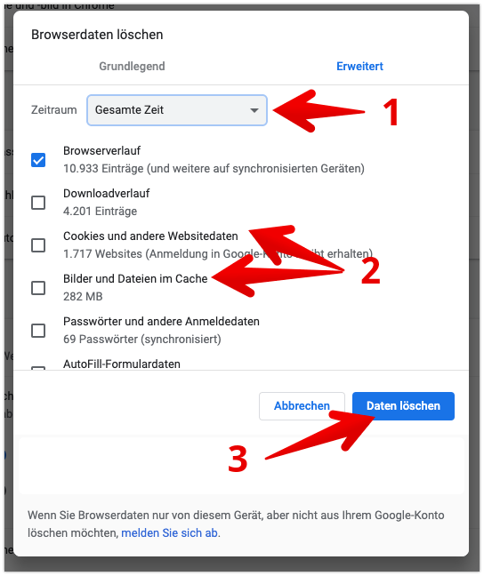 Aktivieren Sie die Optionen "Cookies und andere Websitedaten" und "Bilder und Dateien im Cache".
Klicken Sie auf "Daten löschen", um den Cache und die Cookies zu entfernen.