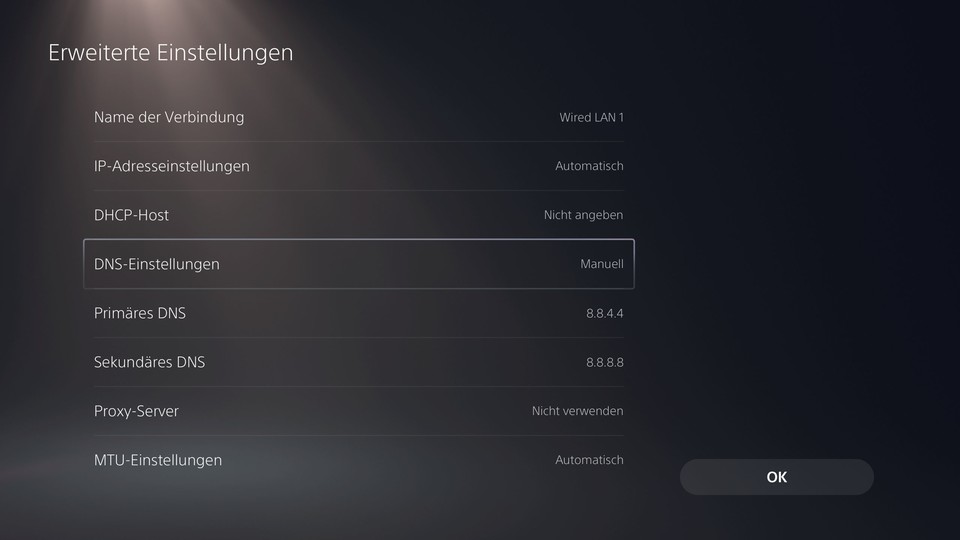 Automatische DNS-Konfiguration: Lassen Sie die PlayStation 4 die DNS-Einstellungen automatisch festlegen.
Manuelle DNS-Konfiguration: Geben Sie die DNS-Einstellungen manuell ein.