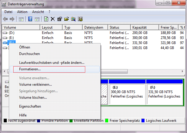 Befolgen Sie die Anweisungen, um das Laufwerk zu formatieren.
Optional: Klicken Sie mit der rechten Maustaste auf das Laufwerk und wählen Sie "Initialisieren". Befolgen Sie die Anweisungen, um das Laufwerk neu zu initialisieren.