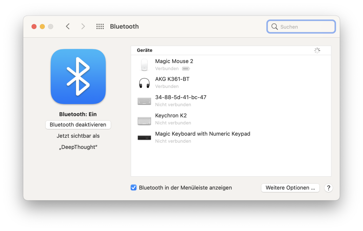 Bluetooth aktivieren: Überprüfen Sie, ob Bluetooth auf Ihrem Mac aktiviert ist.
Geräte in der Nähe suchen: Lassen Sie Ihr Mac nach verfügbaren Bluetooth-Geräten suchen.