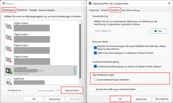 Deaktivieren Sie Audio-Verbesserungen: Gehen Sie zu den Soundeinstellungen, deaktivieren Sie alle Audio-Verbesserungen und überprüfen Sie, ob das Problem behoben ist.
Überprüfen Sie die Lautsprecher: Stellen Sie sicher, dass die Lautsprecher ordnungsgemäß angeschlossen sind und funktionieren.