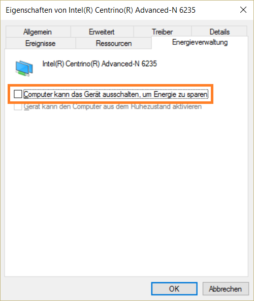 Deaktivieren Sie die Option "Computer kann das Gerät ausschalten, um Energie zu sparen".
Klicken Sie auf "OK", um die Änderungen zu speichern.