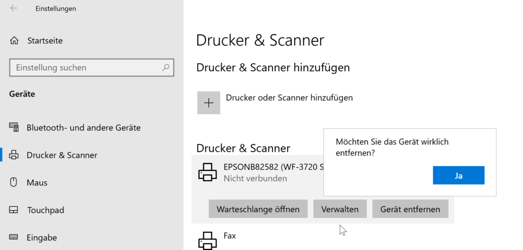 Deinstallieren Sie den Drucker in Windows
Entfernen Sie den Drucker aus der Druckerliste