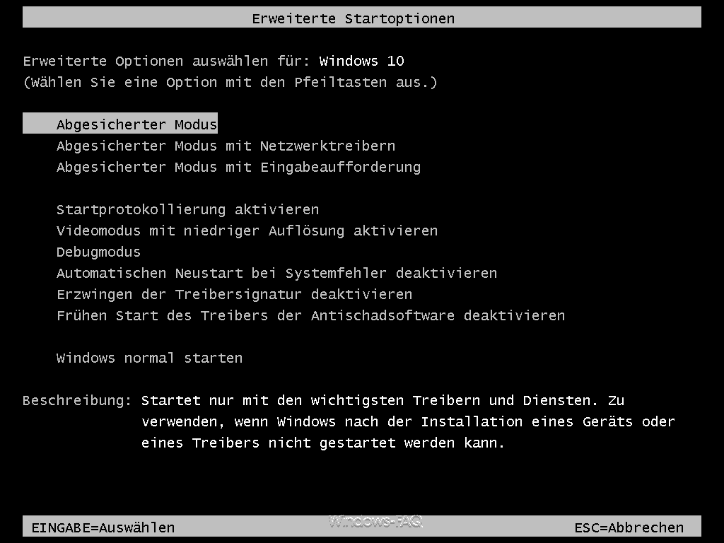 Drücken Sie beim Starten des Computers mehrmals die Taste F8, bis das erweiterte Startmenü angezeigt wird.
Wählen Sie den abgesicherten Modus aus und drücken Sie die Enter-Taste.