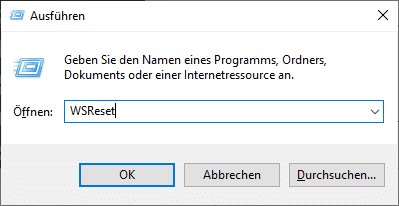 Drücken Sie die Windows-Taste + R, um das Ausführen-Fenster zu öffnen.
Geben Sie wsreset.exe ein und drücken Sie die Eingabetaste.