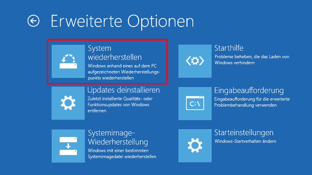 Drücken Sie während des Startvorgangs mehrmals die Taste F8, um das Wiederherstellungsmenü zu öffnen
Wählen Sie die Option "Problembehandlung" aus