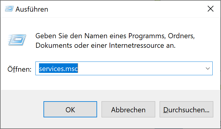 Drücken Sie Windows-Taste + R, um das Ausführen-Fenster zu öffnen.
Geben Sie services.msc ein und drücken Sie Enter.