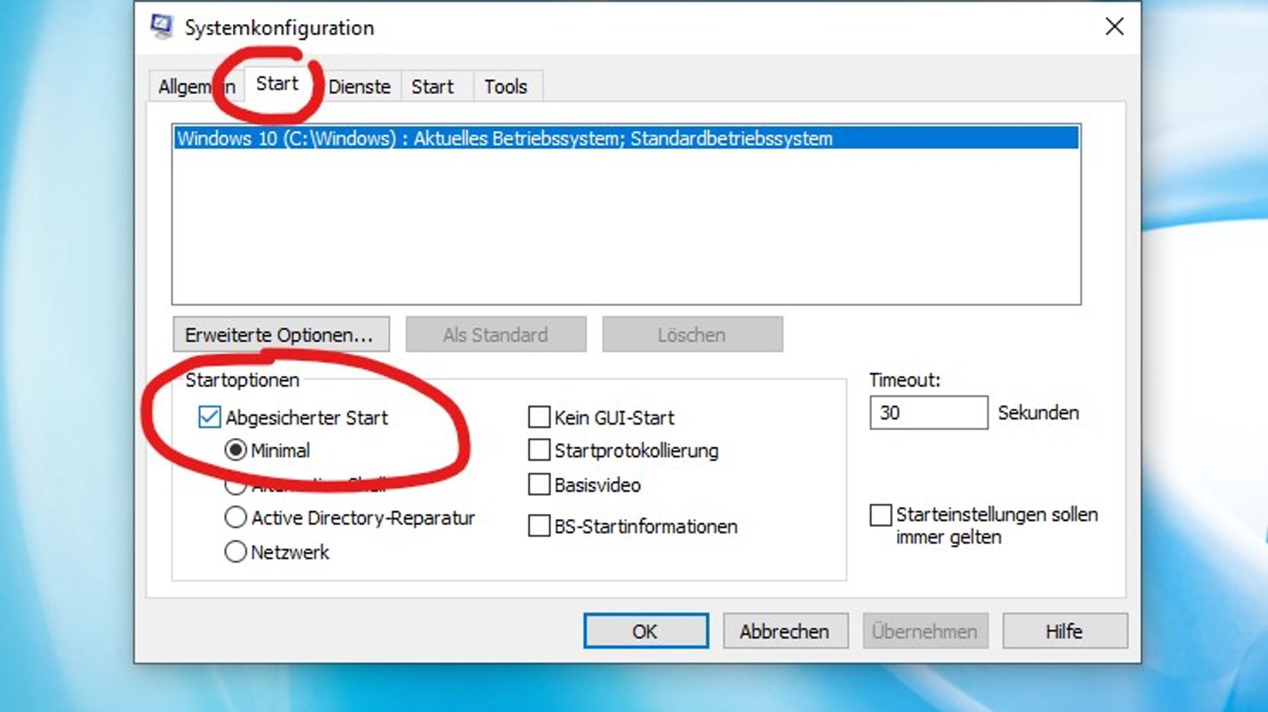 Erweiterte Startoptionen anzeigen: Wähle "Problembehandlung" → "Erweiterte Optionen" → "Starteinstellungen" aus.
Automatische Neustarts deaktivieren: Klicke auf "Neu starten" und wähle dann die Option "4" oder "F4" aus, um den abgesicherten Modus ohne Netzwerktreiber zu starten.