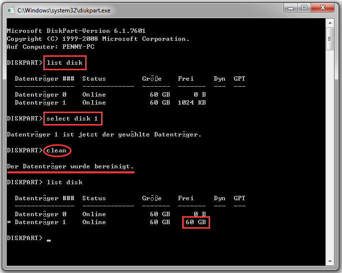 Geben Sie clean ein, um die Partitionen auf der ausgewählten Festplatte zu löschen.
Geben Sie exit ein, um das Diskpart-Tool zu verlassen.