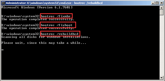 Geben Sie den Befehl bootrec /fixboot ein und drücken Sie die Eingabetaste. Dadurch wird der Bootsektor repariert.
Geben Sie den Befehl bootrec /scanos ein und drücken Sie die Eingabetaste. Dadurch werden Windows-Installationen auf dem Computer erkannt.