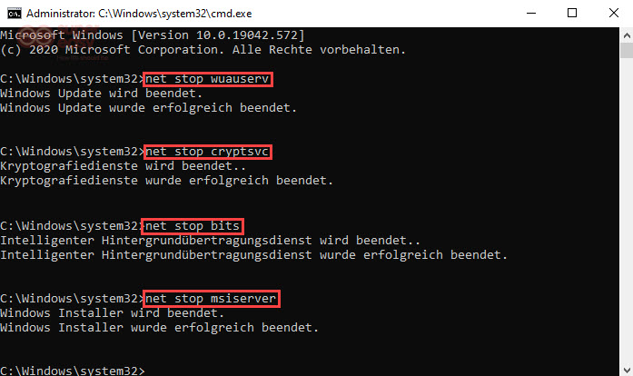 Geben Sie den Befehl "net stop bits" ein und drücken Sie erneut die Eingabetaste.
Geben Sie nun die Befehle "ren C:WindowsSoftwareDistribution SoftwareDistribution.old" und "ren C:WindowsSystem32catroot2 catroot2.old" ein und drücken Sie die Eingabetaste nach jedem Befehl.