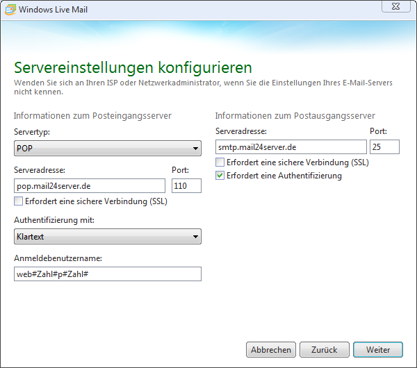 Gehen Sie zu den Kontoeinstellungen in Windows Live Mail.
Überprüfen Sie die Portnummern für den Posteingangsserver und den Postausgangsserver.