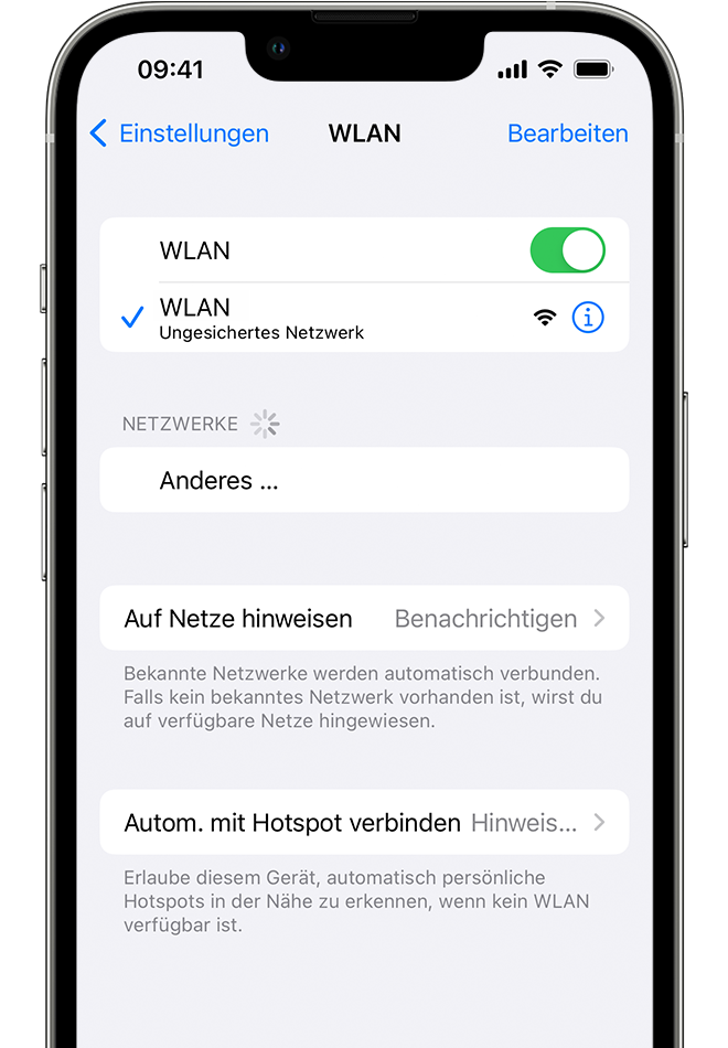 Gehen Sie zu den WLAN-Einstellungen auf Ihrem Apple-Gerät.
Stellen Sie sicher, dass das WLAN aktiviert ist.