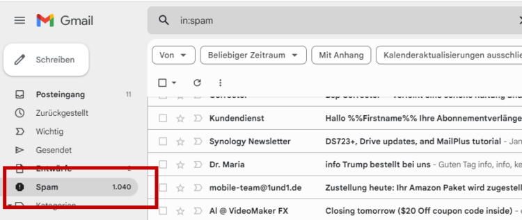 Gehen Sie zu Ihrem Gmail-Posteingang.
Öffnen Sie den Spam-Ordner und überprüfen Sie, ob E-Mails fälschlicherweise als Spam markiert wurden.