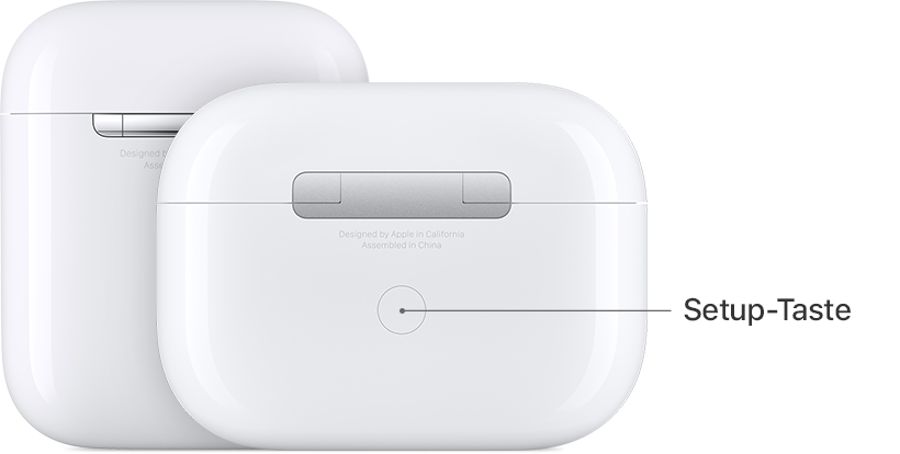 Halten Sie den Setup-Knopf auf der Rückseite des AirPods-Gehäuses gedrückt, bis die LED-Anzeige weiß blinkt.
Verbinden Sie Ihre AirPods erneut mit Ihrem Mac.