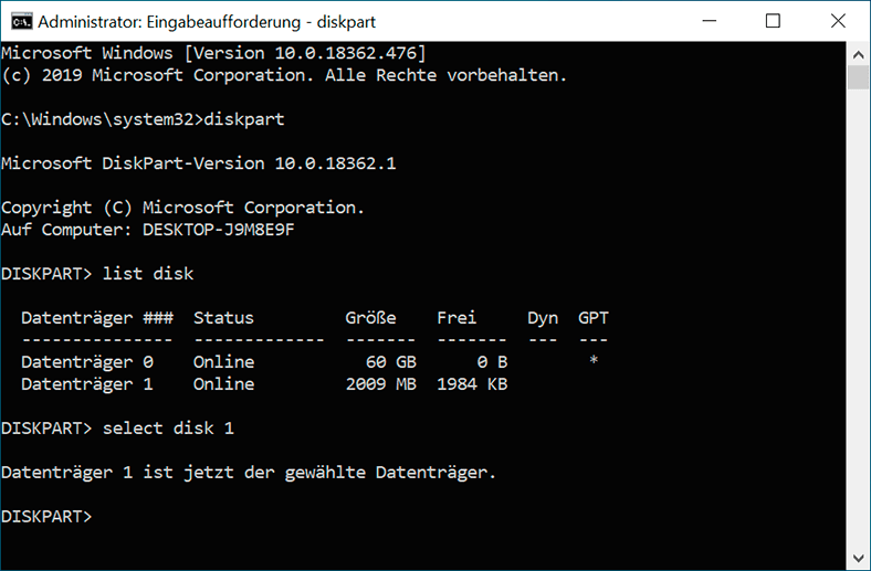 Identifizieren Sie die beschädigte Festplatte anhand ihrer Größe und Typ.
Geben Sie select disk X ein, wobei "X" für die Nummer der beschädigten Festplatte steht.