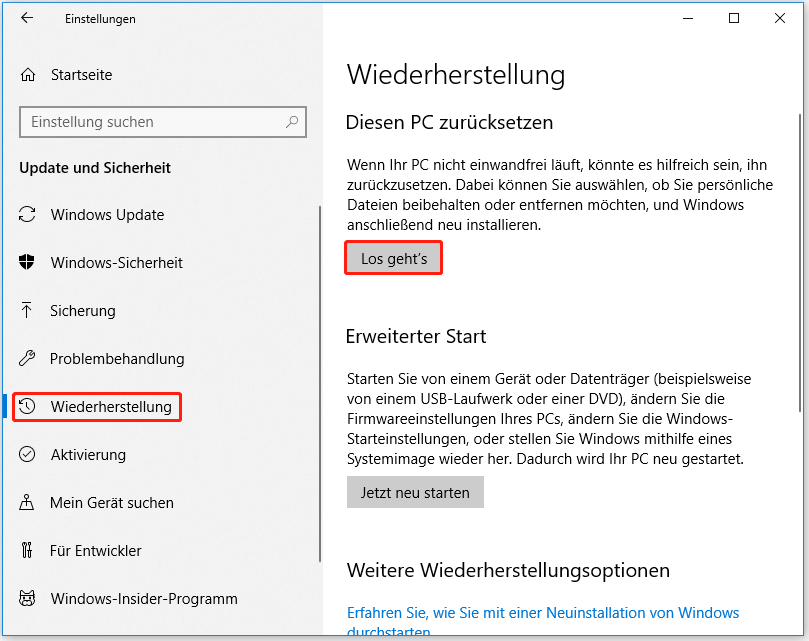 Im Wiederherstellungsmenü werden verschiedene Optionen angezeigt.
Wählen Sie die Option aus, die mit "Systemwiederherstellung" oder "Werksreset" bezeichnet ist.