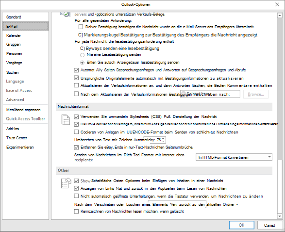 In den Outlook-Optionen klicken Sie auf "Erweitert".
Scrollen Sie nach unten zu "Senden und Empfangen".