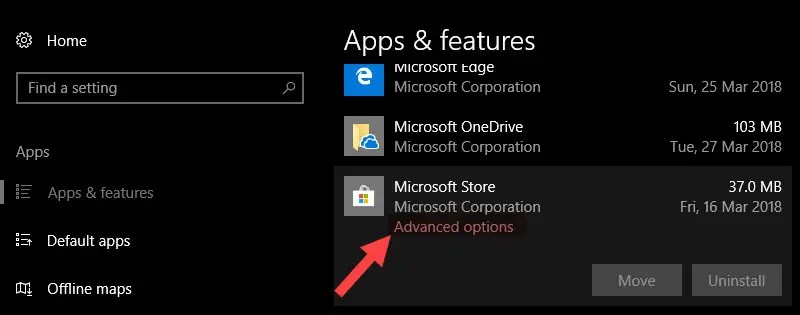 Klicken Sie auf die Microsoft Store App und wählen Sie Erweiterte Optionen aus.
Scrollen Sie nach unten und klicken Sie auf Zurücksetzen.