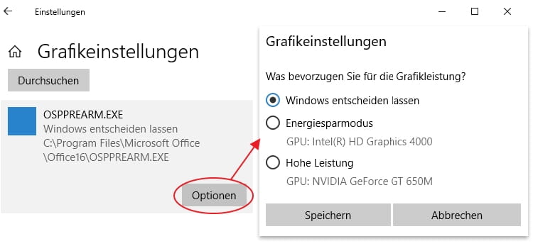 Klicken Sie auf Optionen und dann auf Erweiterte Grafikeinstellungen.
Klicken Sie auf den Schieberegler unter dem Abschnitt Grafikleistung.