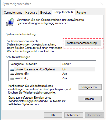 Klicken Sie auf "System" und dann auf "Computerschutz".
 Wählen Sie "Systemwiederherstellung" und folgen Sie den Anweisungen auf dem Bildschirm.