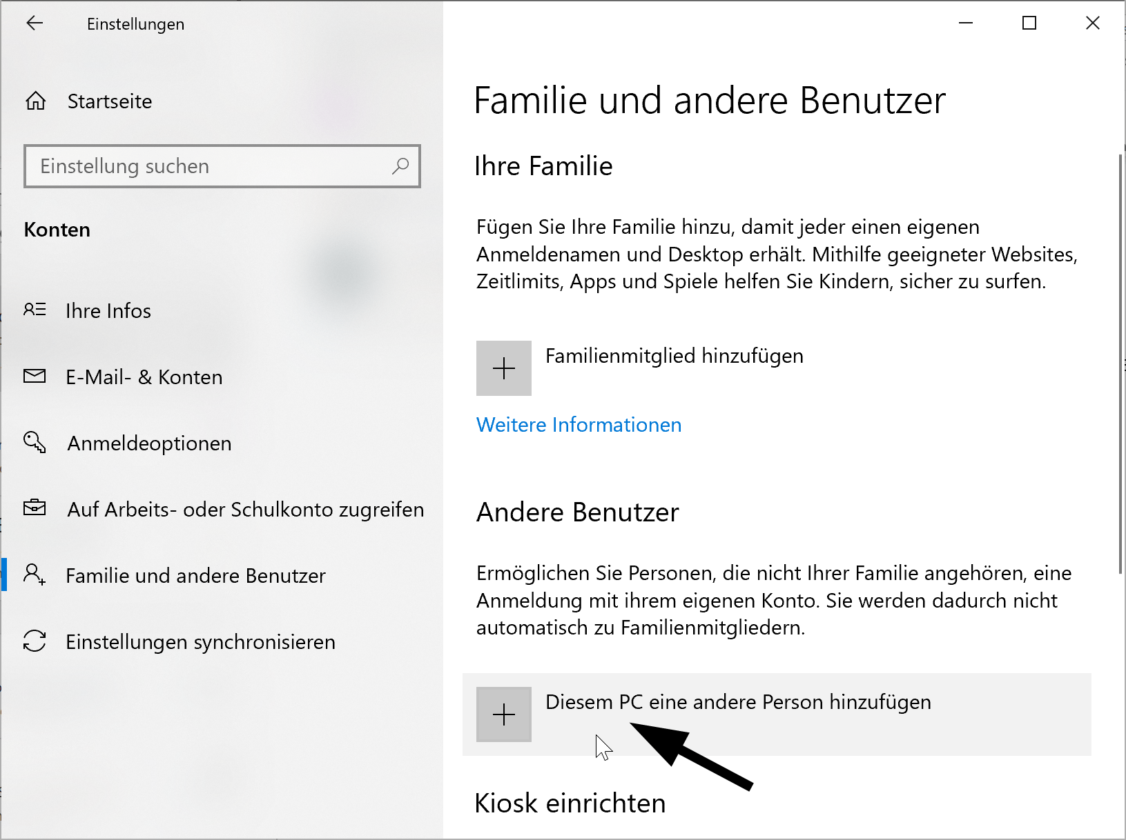 Klicken Sie unter "Andere Benutzer" auf "Diesem PC eine andere Person hinzufügen".
Befolgen Sie die Anweisungen auf dem Bildschirm, um ein neues Benutzerkonto zu erstellen.