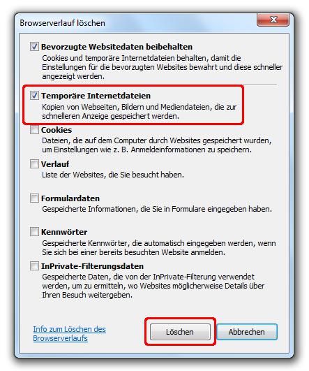 Klicken Sie unter "Browserverlauf" auf "Löschen".
Stellen Sie sicher, dass die gewünschten Optionen ausgewählt sind (z.B. "Temporäre Internetdateien" und "Cookies").