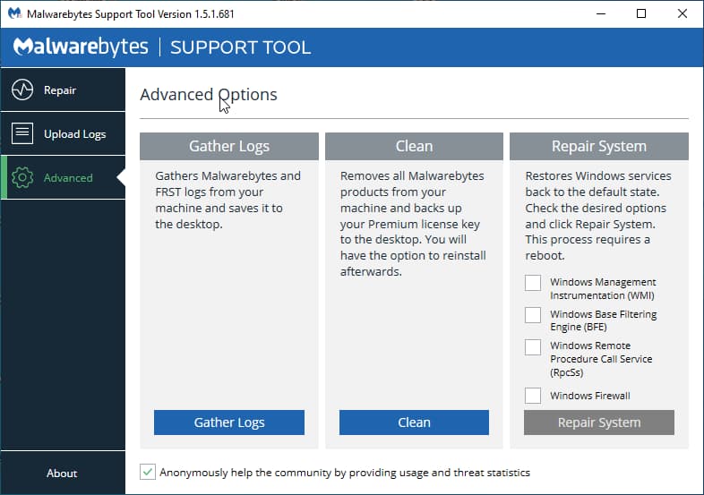 Laden Sie das Malwarebytes Support-Tool von der offiziellen Website herunter.
Führen Sie das Support-Tool aus und befolgen Sie die Anweisungen auf dem Bildschirm.