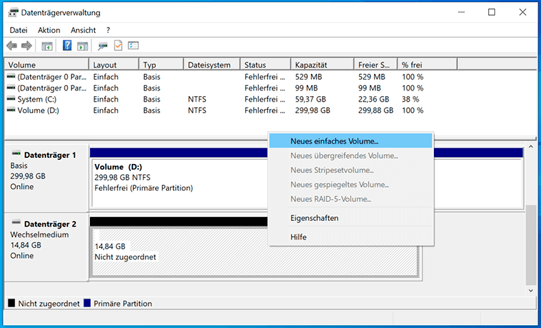 Laufwerksverwaltung öffnen: Öffnen Sie die Laufwerksverwaltung, um zu überprüfen, ob das USB-Laufwerk erkannt wird.
Neue Partition erstellen: Wenn das USB-Laufwerk nicht angezeigt wird, können Sie versuchen, eine neue Partition zu erstellen.