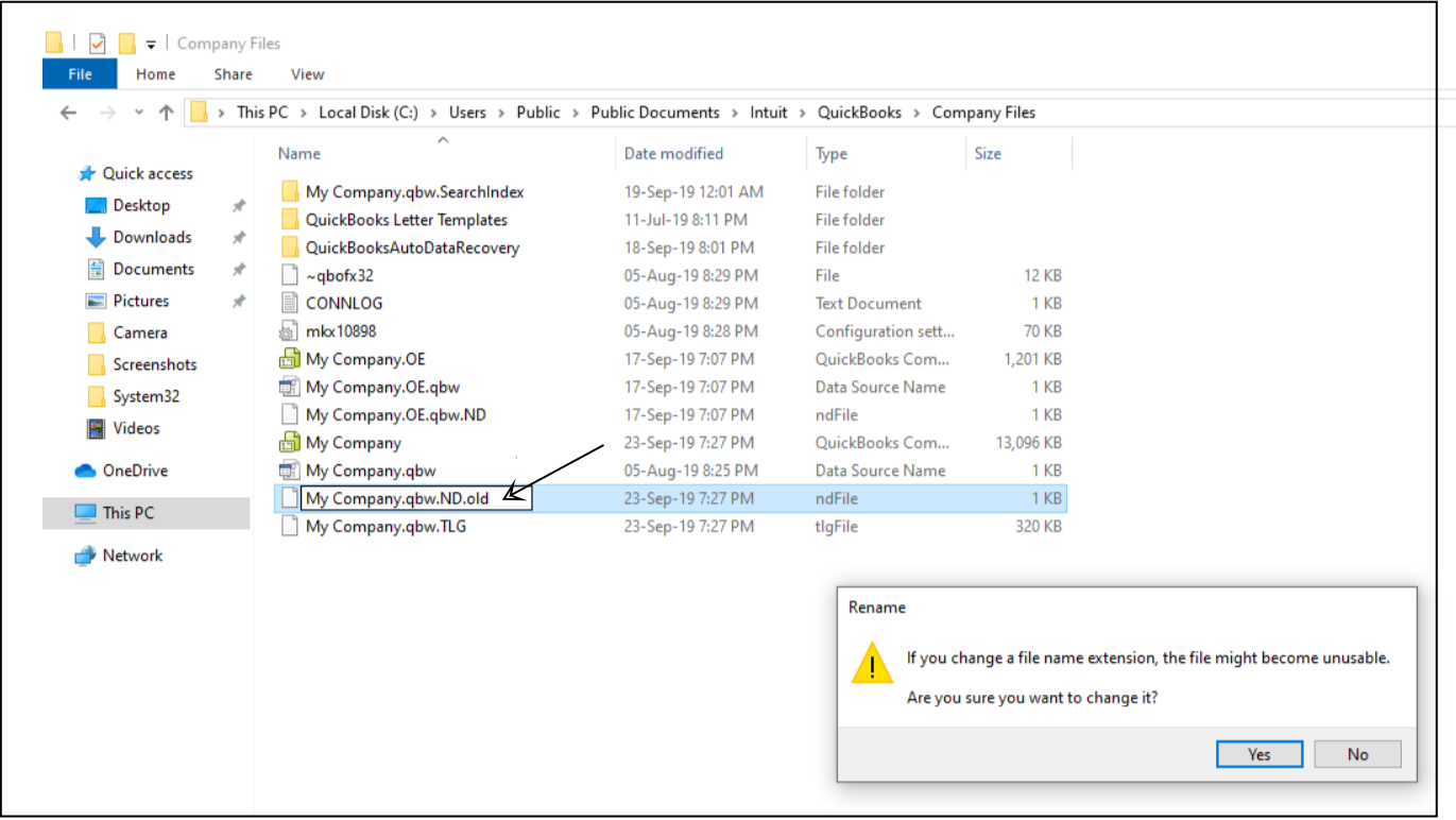 Locate the folder where your company file is stored
Find the files with the same name as your company file but with the extensions .ND and .TLG (e.g., CompanyFile.qbw.nd and CompanyFile.qbw.tlg)