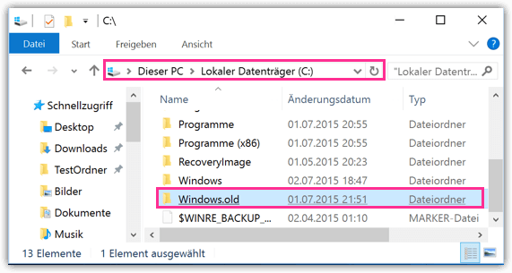 Navigieren Sie zu C: und suchen Sie den Ordner "Windows.old".
Klicken Sie mit der rechten Maustaste auf den Ordner "Windows.old" und wählen Sie "Löschen".