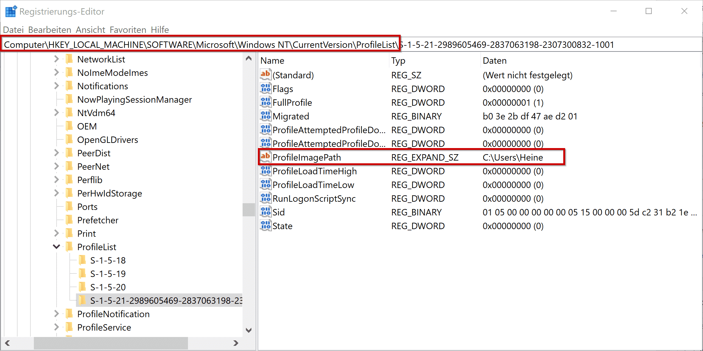 Navigieren Sie zum folgenden Pfad: HKEY_LOCAL_MACHINESOFTWAREMicrosoftWindows NTCurrentVersionProfileList.
Suchen Sie den Ordner, der den Namen des fehlerhaften Benutzerprofils enthält, und löschen Sie ihn.