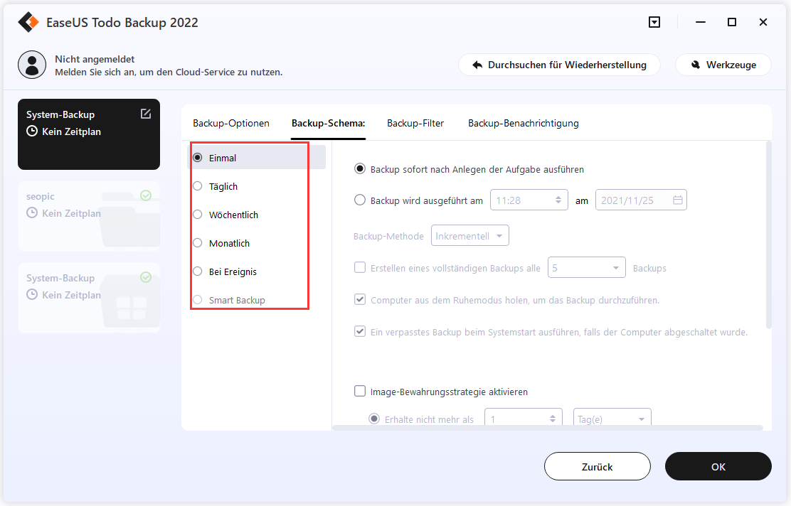 Nutzen Sie die automatische Zeitplanungsfunktion von EaseUS Todo Backup, um regelmäßige Sicherungen durchzuführen und Datenverluste zu vermeiden.
Die Wiederherstellungsfunktion von EaseUS Todo Backup ermöglicht es Ihnen, Ihre gesicherten Daten nach einem Werksreset einfach wiederherzustellen.