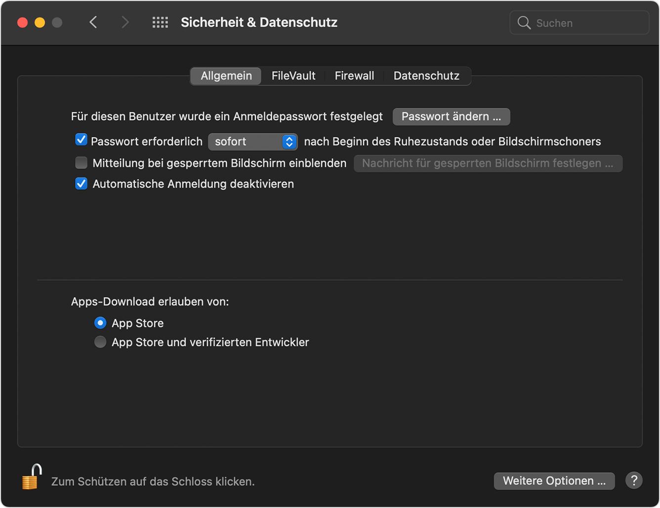 Öffne die Systemeinstellungen.
Klicke auf "Sicherheit & Datenschutz".