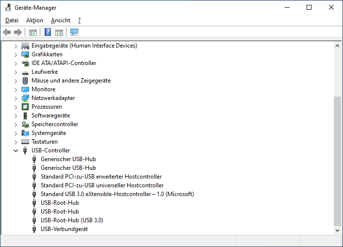 Öffnen Sie den Geräte-Manager.
Erweitern Sie den Bereich "Universal Serial Bus-Controller".