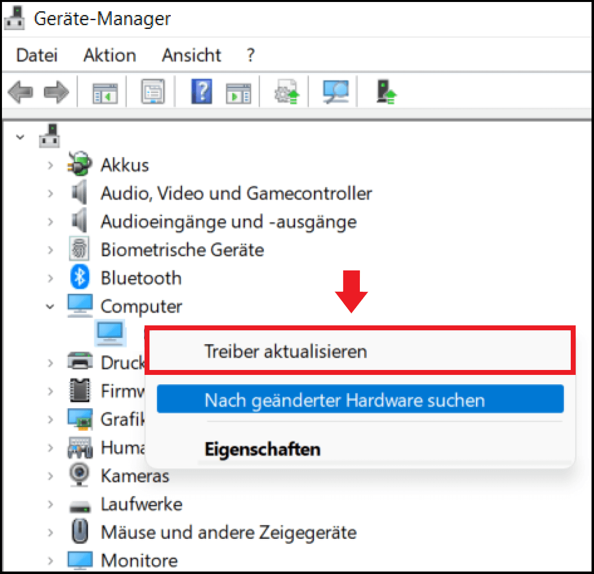 Öffnen Sie den Geräte-Manager.
Klicken Sie auf den entsprechenden Gerätetreiber und wählen Sie "Treiber aktualisieren".