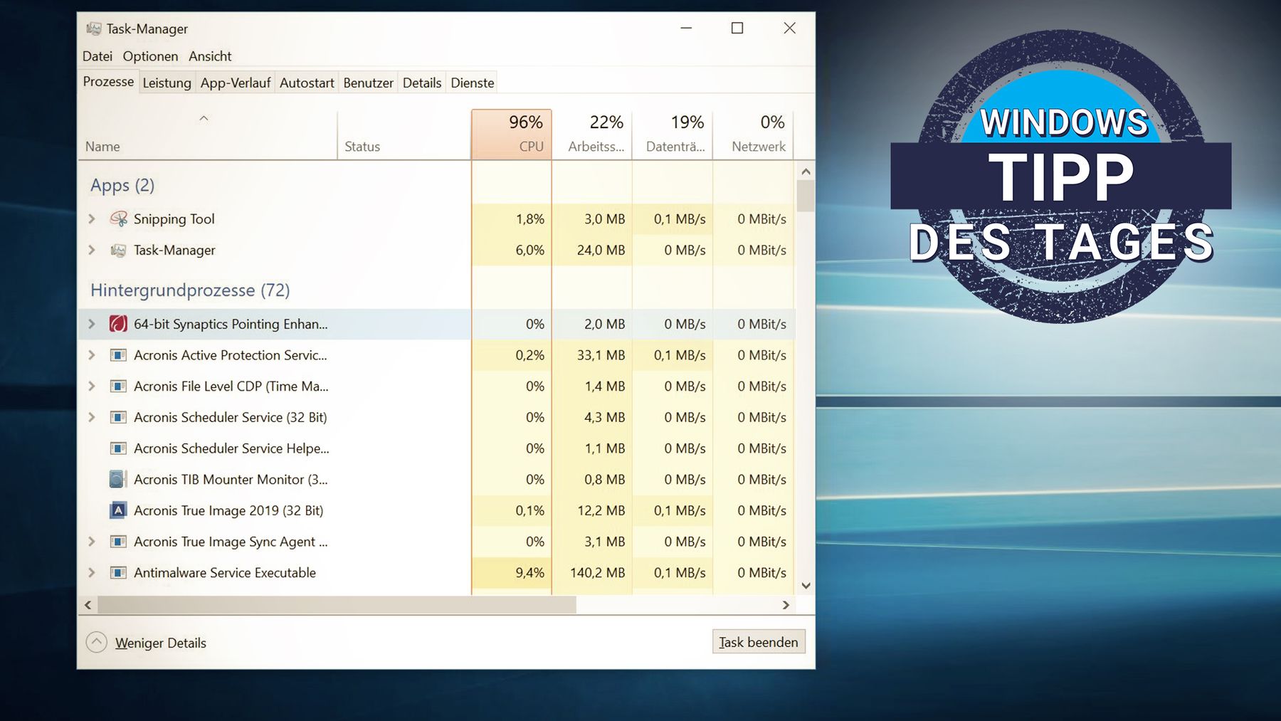 Öffnen Sie den Task-Manager, indem Sie Strg+Shift+Esc drücken.
Wählen Sie die Registerkarte Prozesse aus.