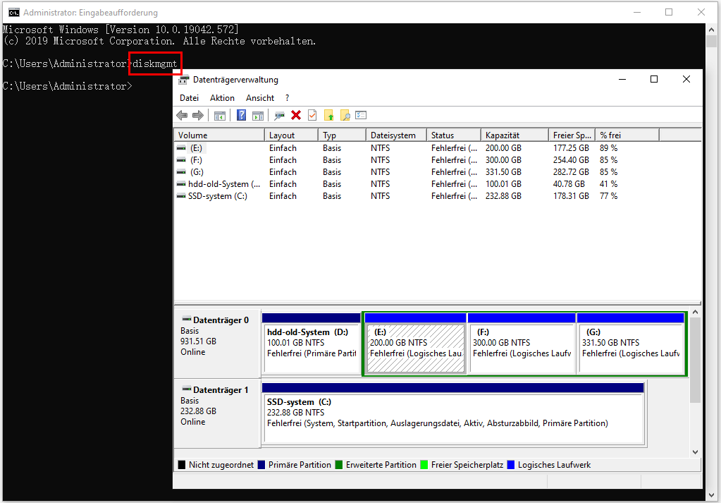 Öffnen Sie die Datenträgerverwaltung, indem Sie Windows-Taste + X drücken und "Datenträgerverwaltung" auswählen.
Suchen Sie nach der nicht angezeigten SSD in der Liste der Laufwerke.