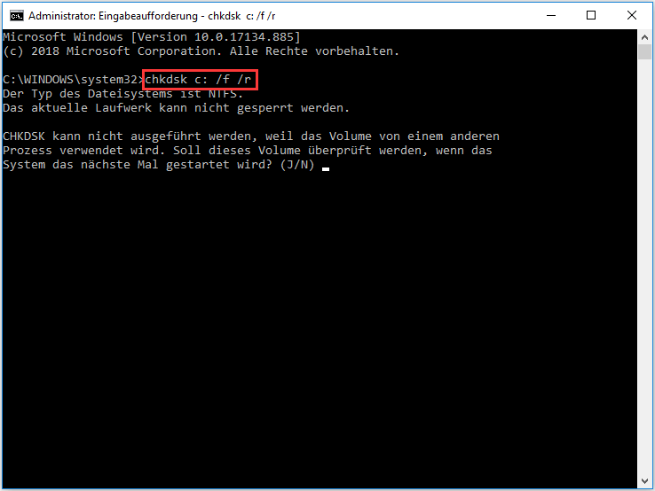 Öffnen Sie die Eingabeaufforderung, indem Sie mit der rechten Maustaste auf das Startmenü klicken und "Eingabeaufforderung (Administrator)" auswählen.
Geben Sie den Befehl chkdsk /f /r ein und drücken Sie die Enter-Taste.