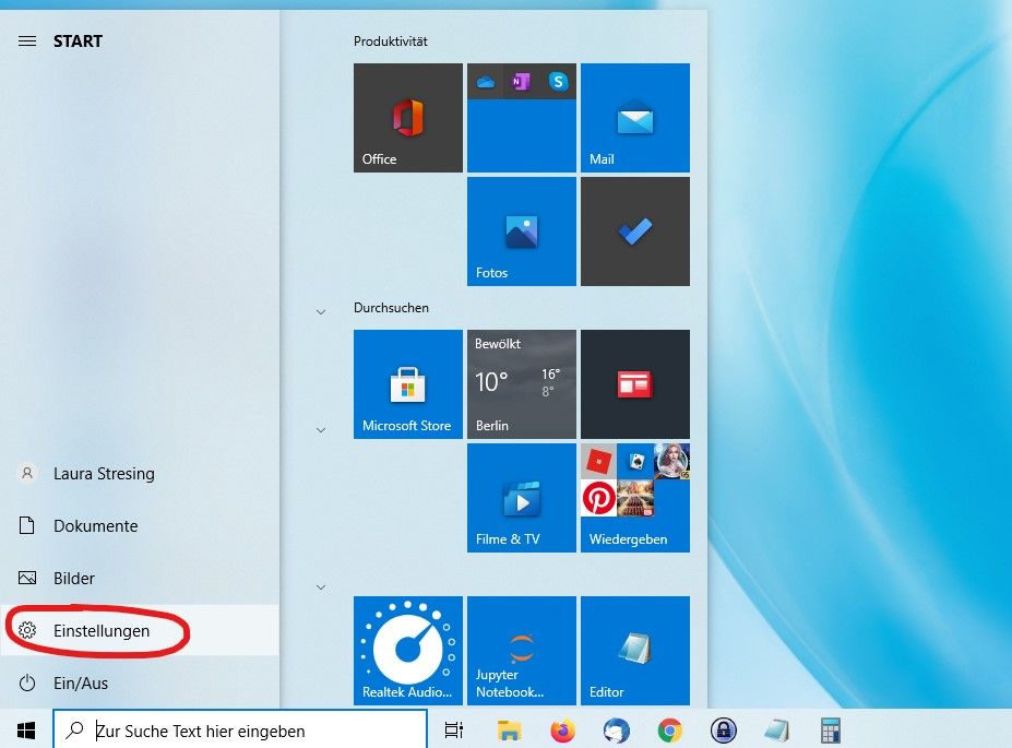 Öffnen Sie die Einstellungen durch Klicken auf das Windows-Symbol in der Taskleiste und anschließend auf das Zahnrad-Symbol.
Klicken Sie auf Update und Sicherheit.