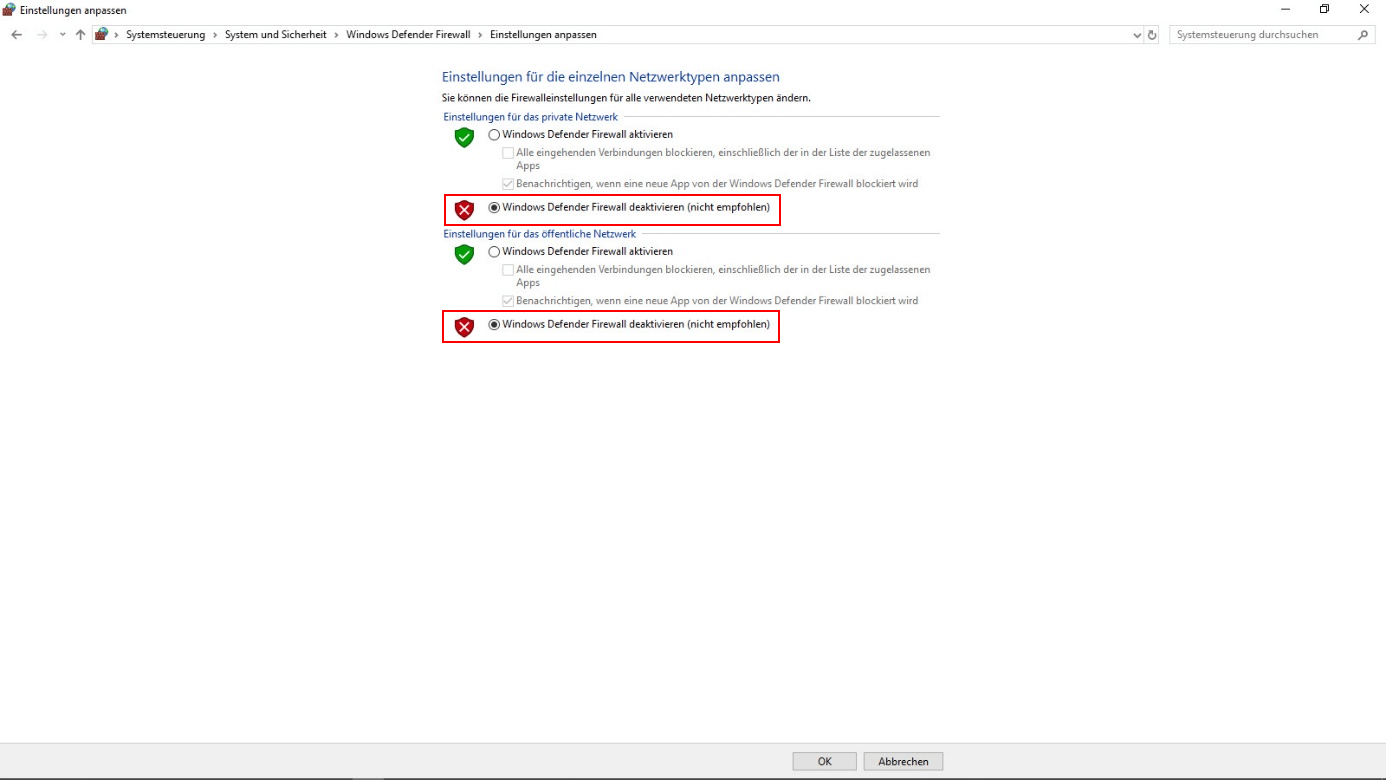 Öffnen Sie die Einstellungen für Ihre Firewall oder Ihren Virenschutz.
Deaktivieren Sie vorübergehend die Firewall oder den Virenschutz.