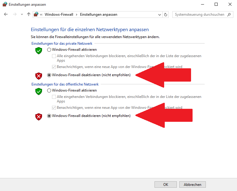 Öffnen Sie die Einstellungen Ihrer Firewall und Antivirensoftware.
Deaktivieren Sie vorübergehend alle Firewall- und Antivirenfunktionen.