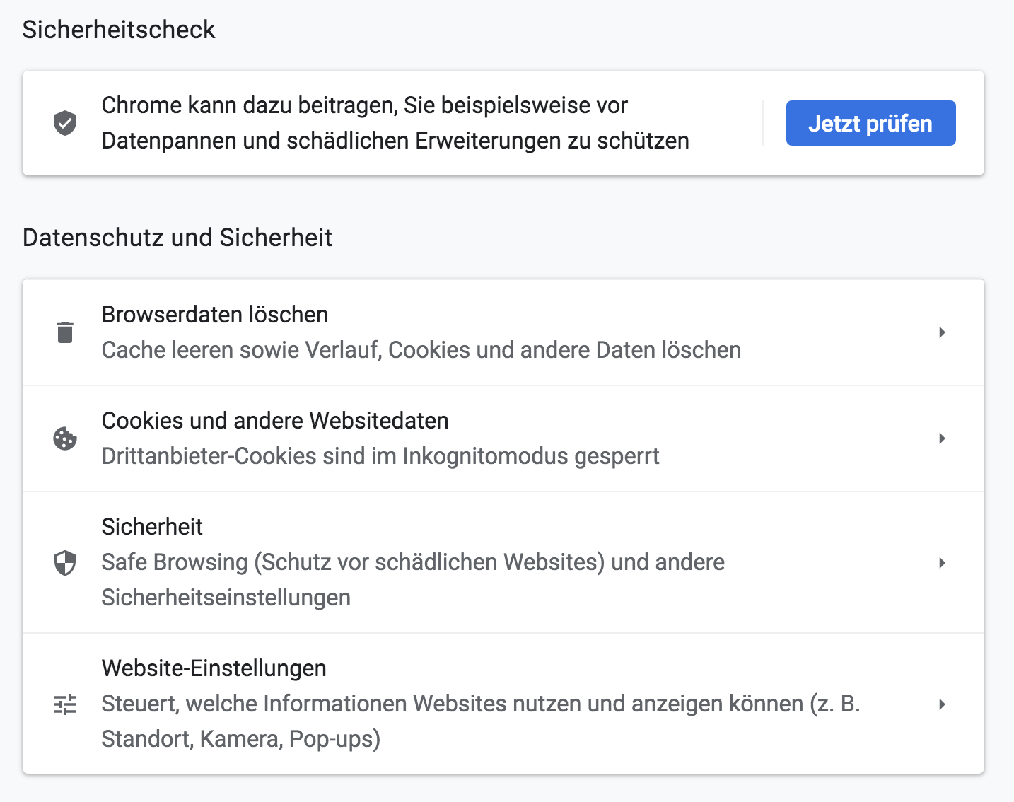 Öffnen Sie die Einstellungen Ihres Browsers.
Suchen Sie nach den Sicherheitseinstellungen.