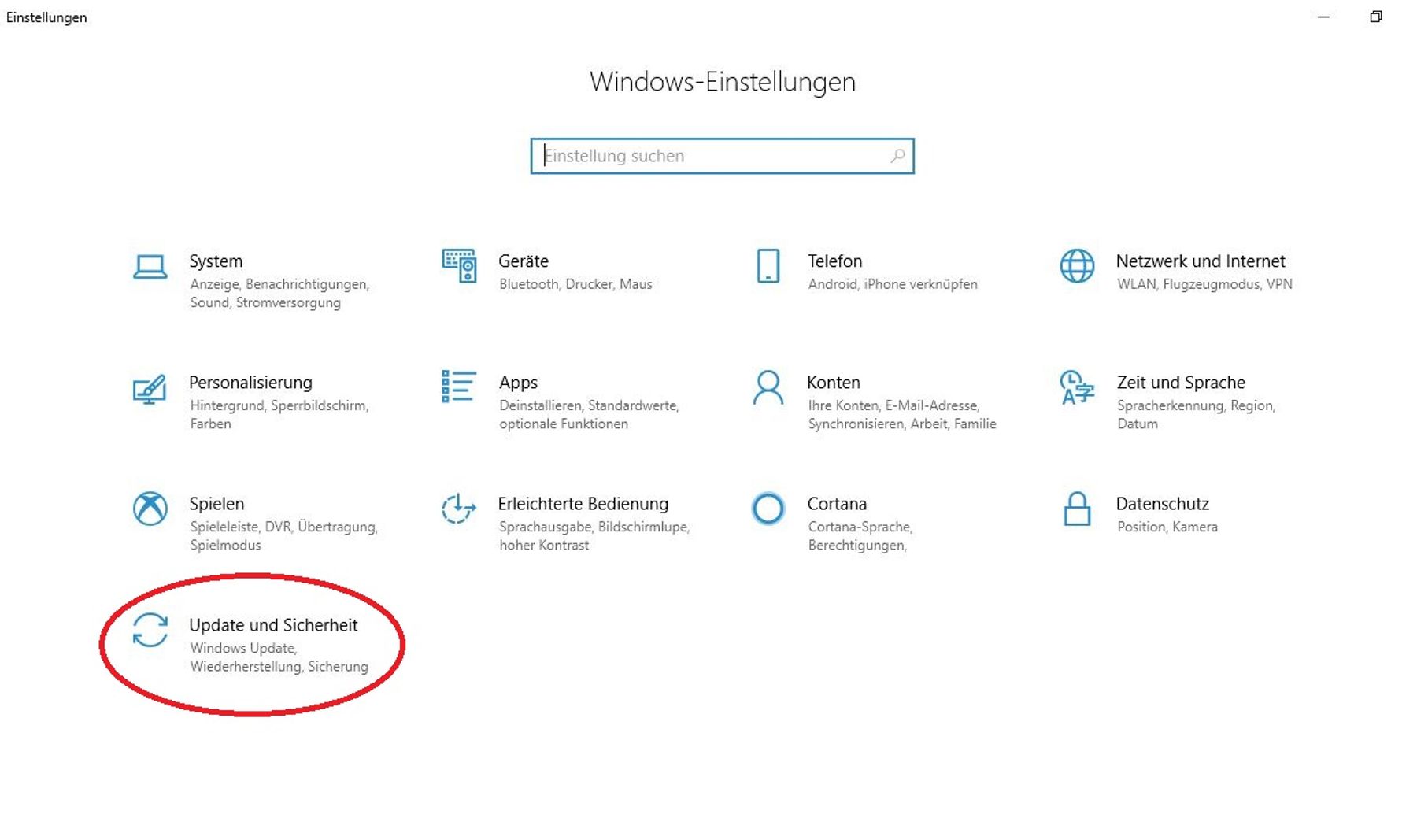 Öffnen Sie die "Einstellungen" in Windows.
Klicken Sie auf "Update und Sicherheit" und dann auf "Wiederherstellung".