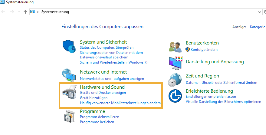 Öffnen Sie die "Systemsteuerung" und wählen Sie "Hardware und Sound".
Klicken Sie auf "Mäuse" unter "Geräte und Drucker".