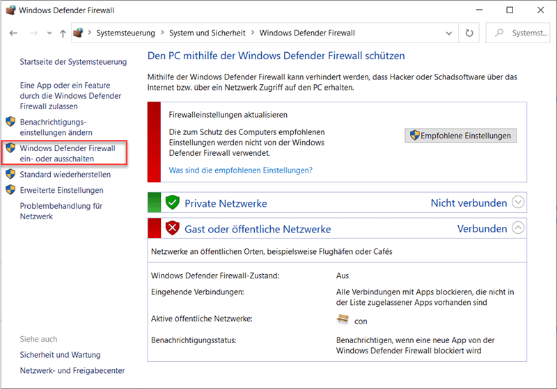 Öffnen Sie die Windows-Suche und geben Sie "Windows Defender Firewall" ein.
Klicken Sie auf "Windows Defender Firewall ein- oder ausschalten".