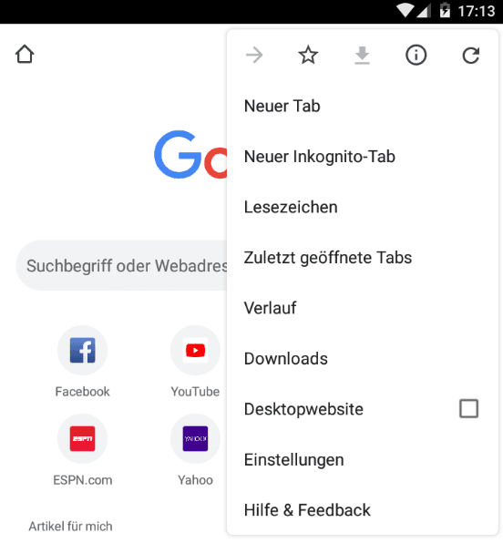 Öffnen Sie Google Chrome auf Ihrem Android-Gerät.
Gehen Sie zu den Einstellungen durch Tippen auf das Menüsymbol oben rechts.