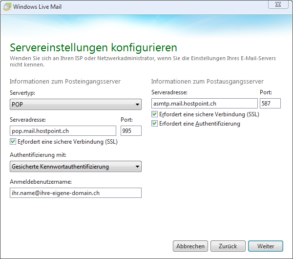 Öffnen Sie Windows Live Mail und gehen Sie zu den Kontoeinstellungen.
Überprüfen Sie die Einstellungen für den Posteingangsserver und den Postausgangsserver.